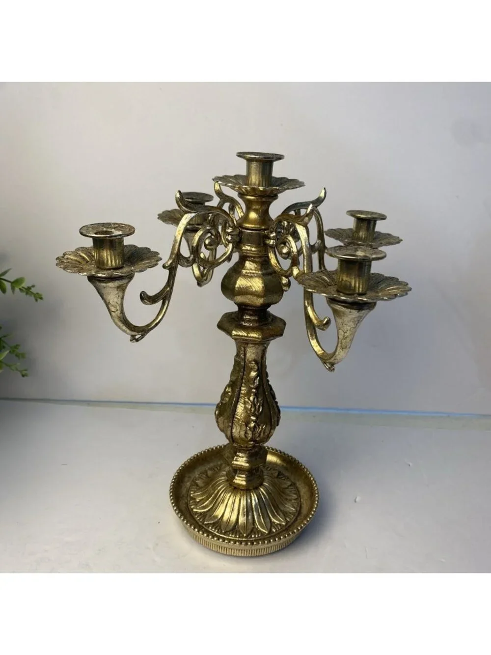 Vintage Villy Gold Ornate Cast Metal & Resin Candlestick Pillar Candle Holder